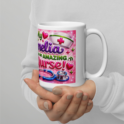 Close up of vibrant colorful lettering on amazing nurse mug