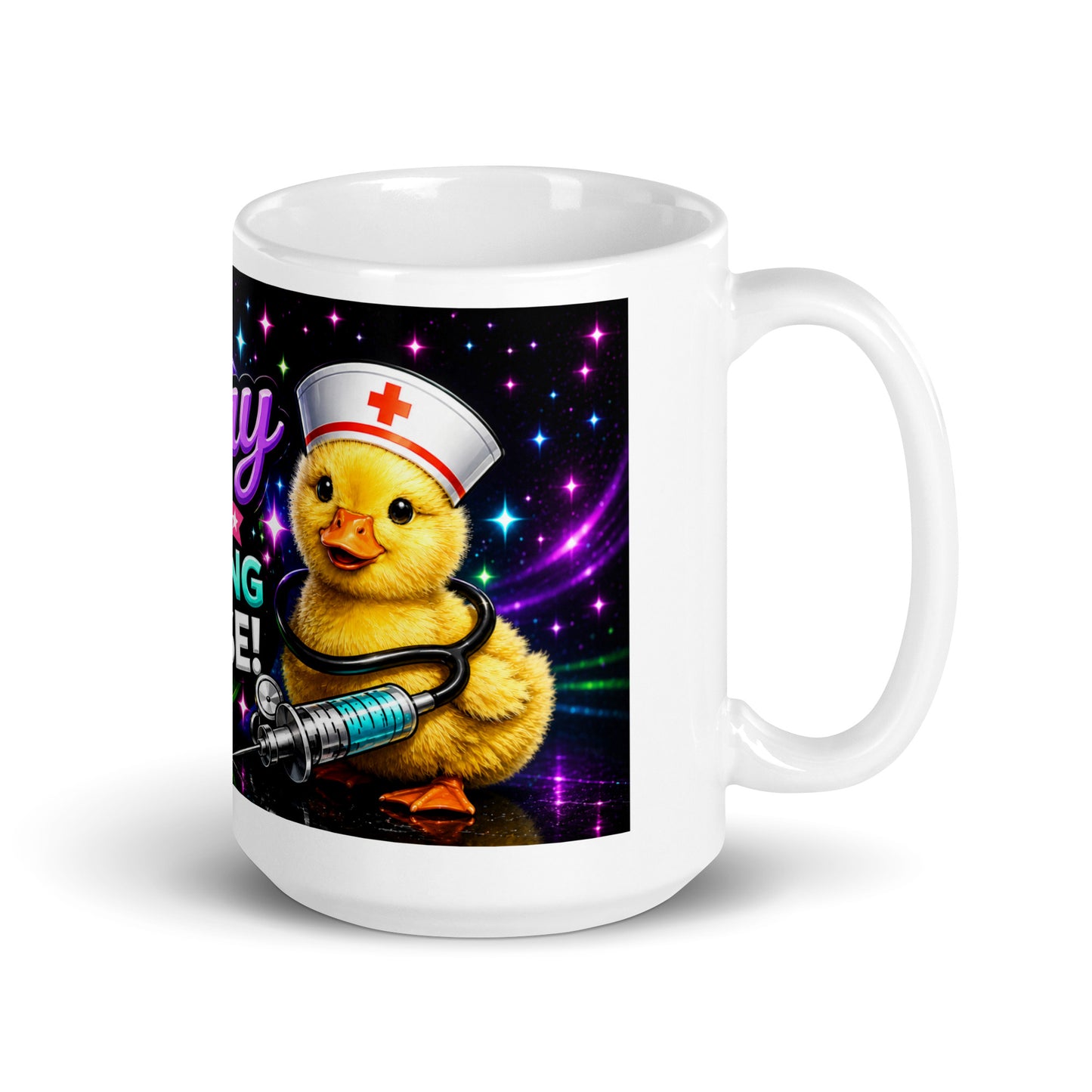 Close up of vibrant cosmic sparkles on amazing nurse mug