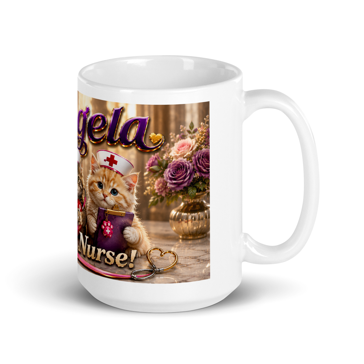 Healthcare worker holding personalized 15oz cat ceramic cup