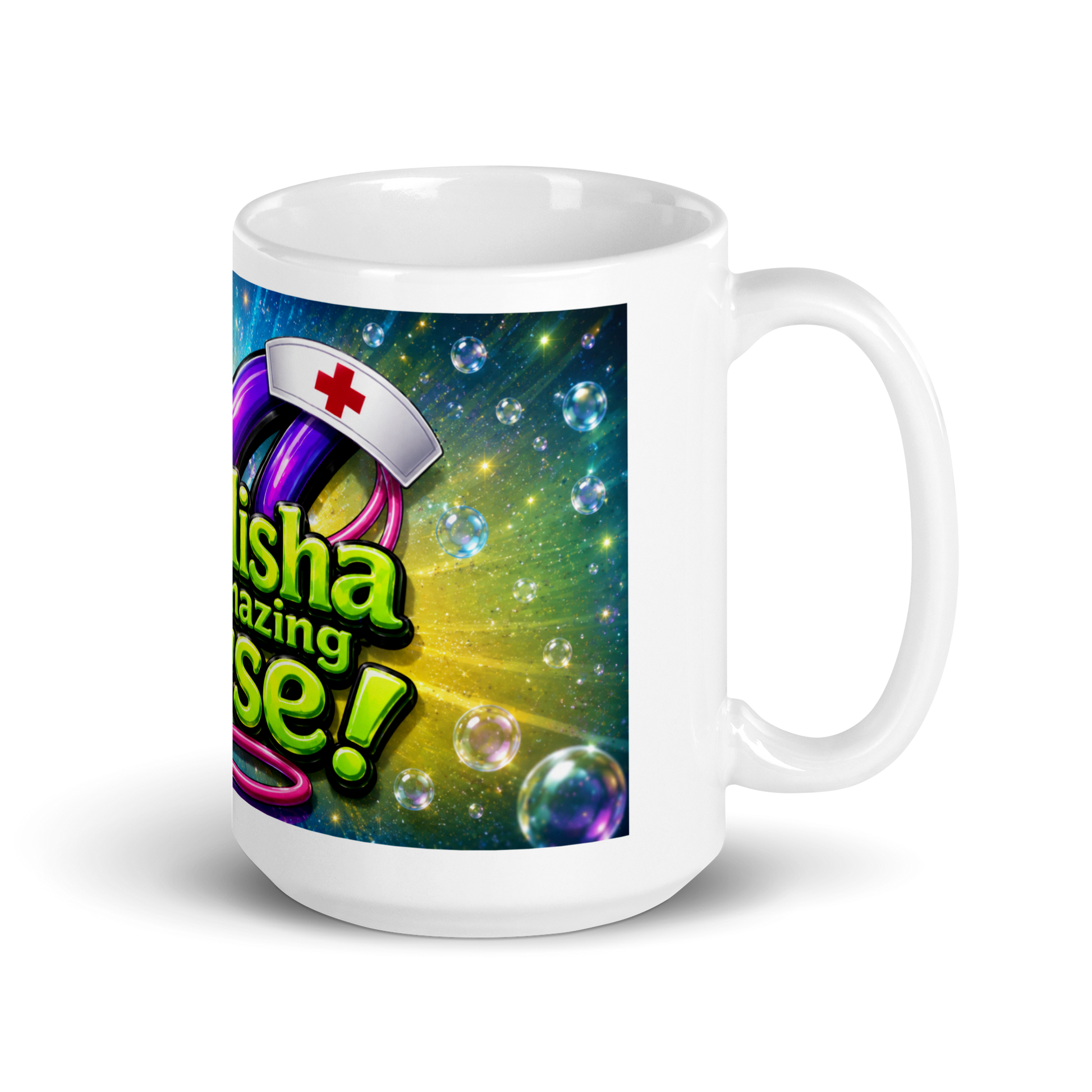 Healthcare worker holding personalized 15oz ceramic cup