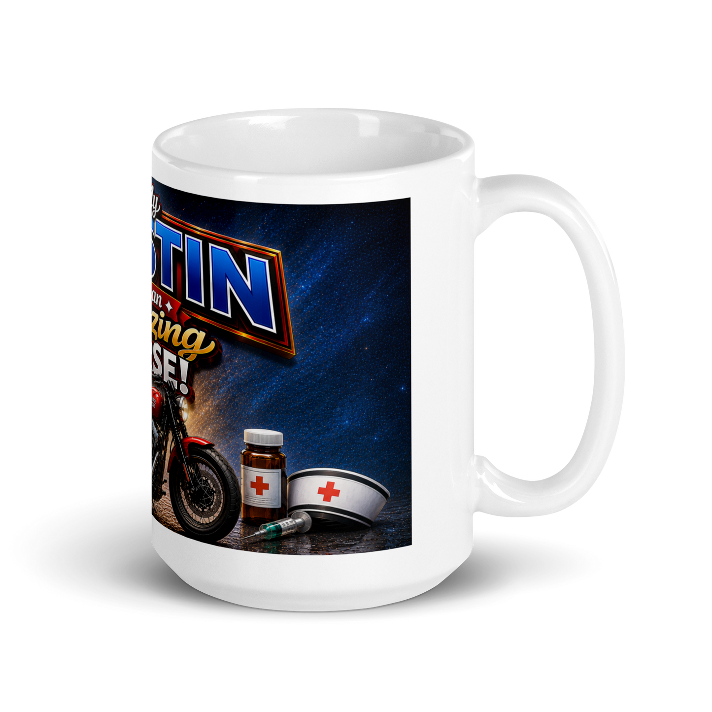 Healthcare worker holding personalized 15oz biker ceramic cup