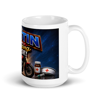 Healthcare worker holding personalized 15oz biker ceramic cup