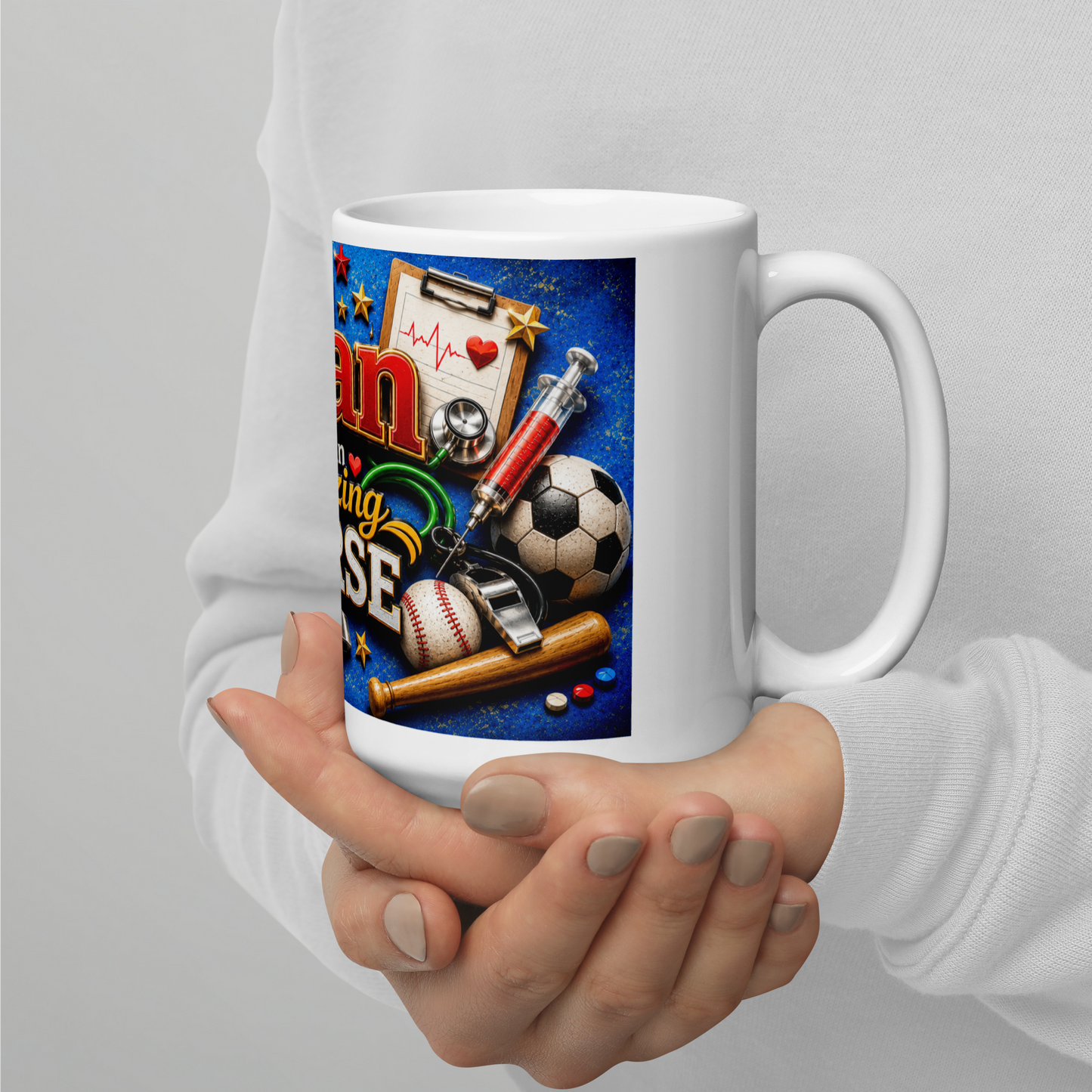 My Alan amazing nurse coffee mug on a hospital break room table