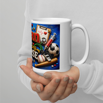 My Alan amazing nurse coffee mug on a hospital break room table