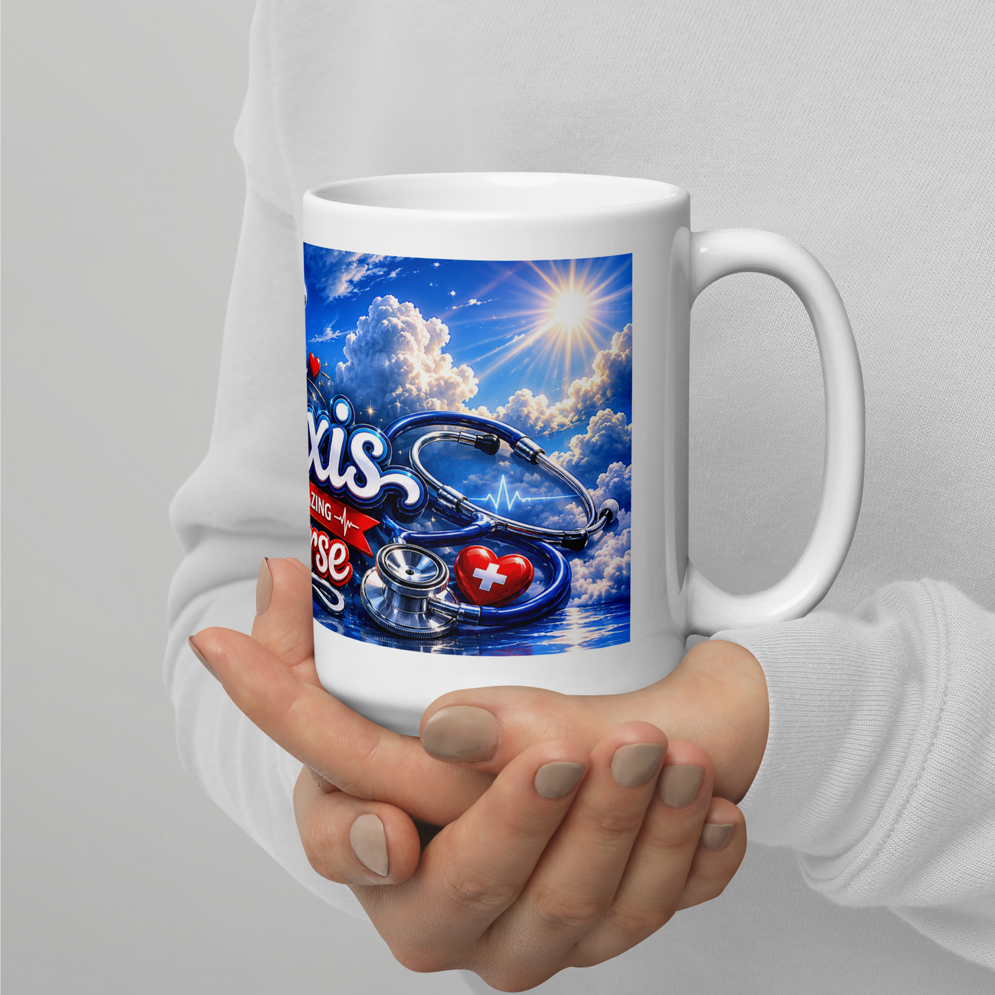 My Alexis amazing nurse coffee mug on a desk