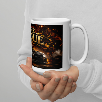 Close up of fiery automotive graphic on coffee cup