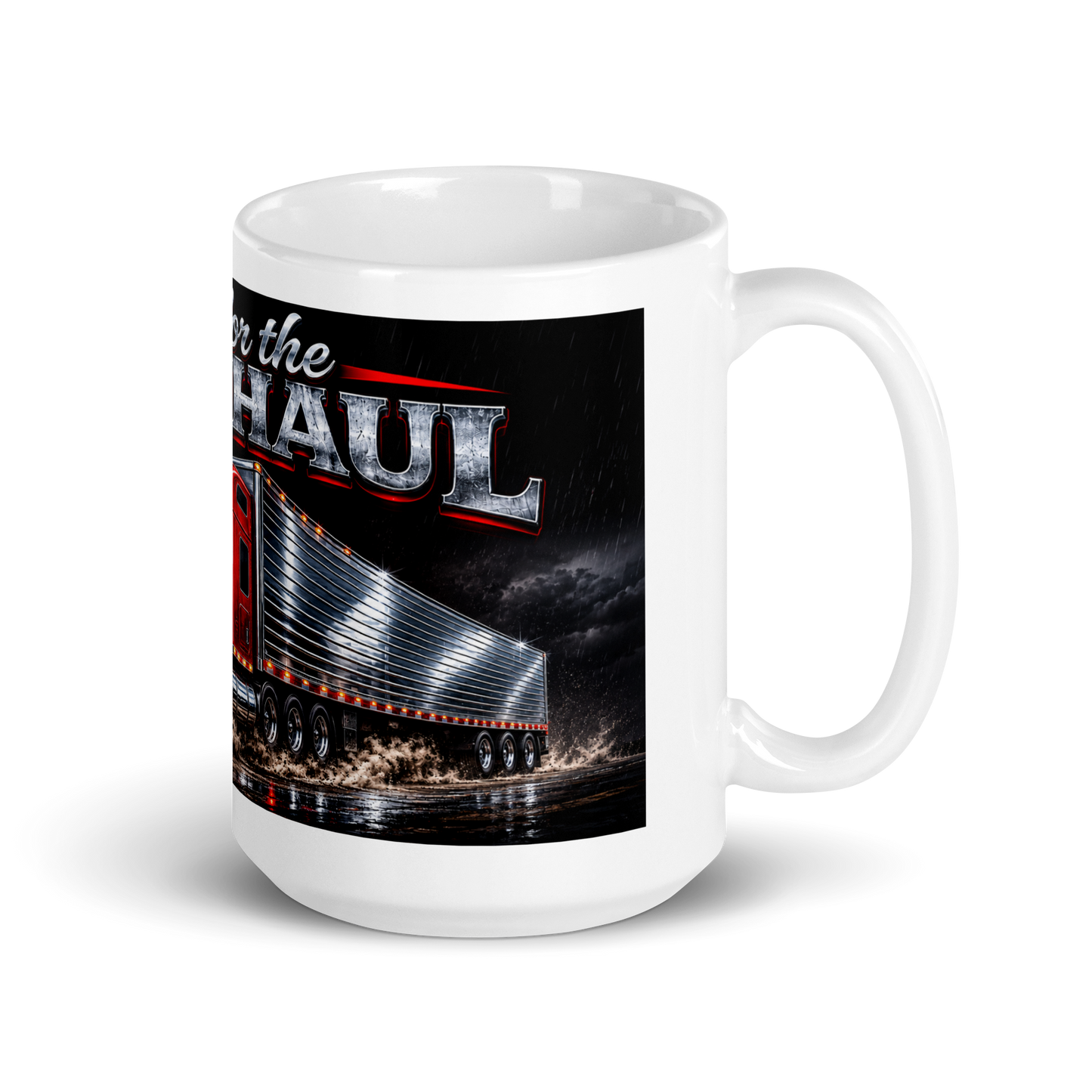 Close up of Big Rig Lover durable coffee mug handle