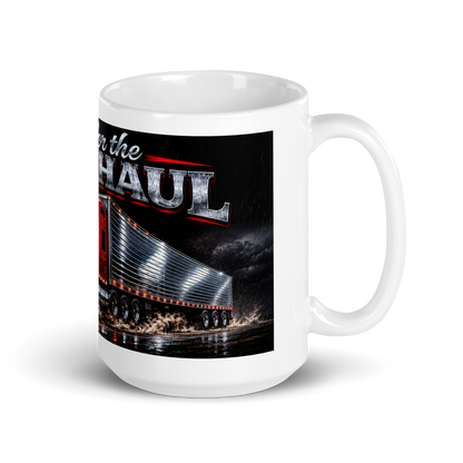 Close up of Big Rig Lover durable coffee mug handle