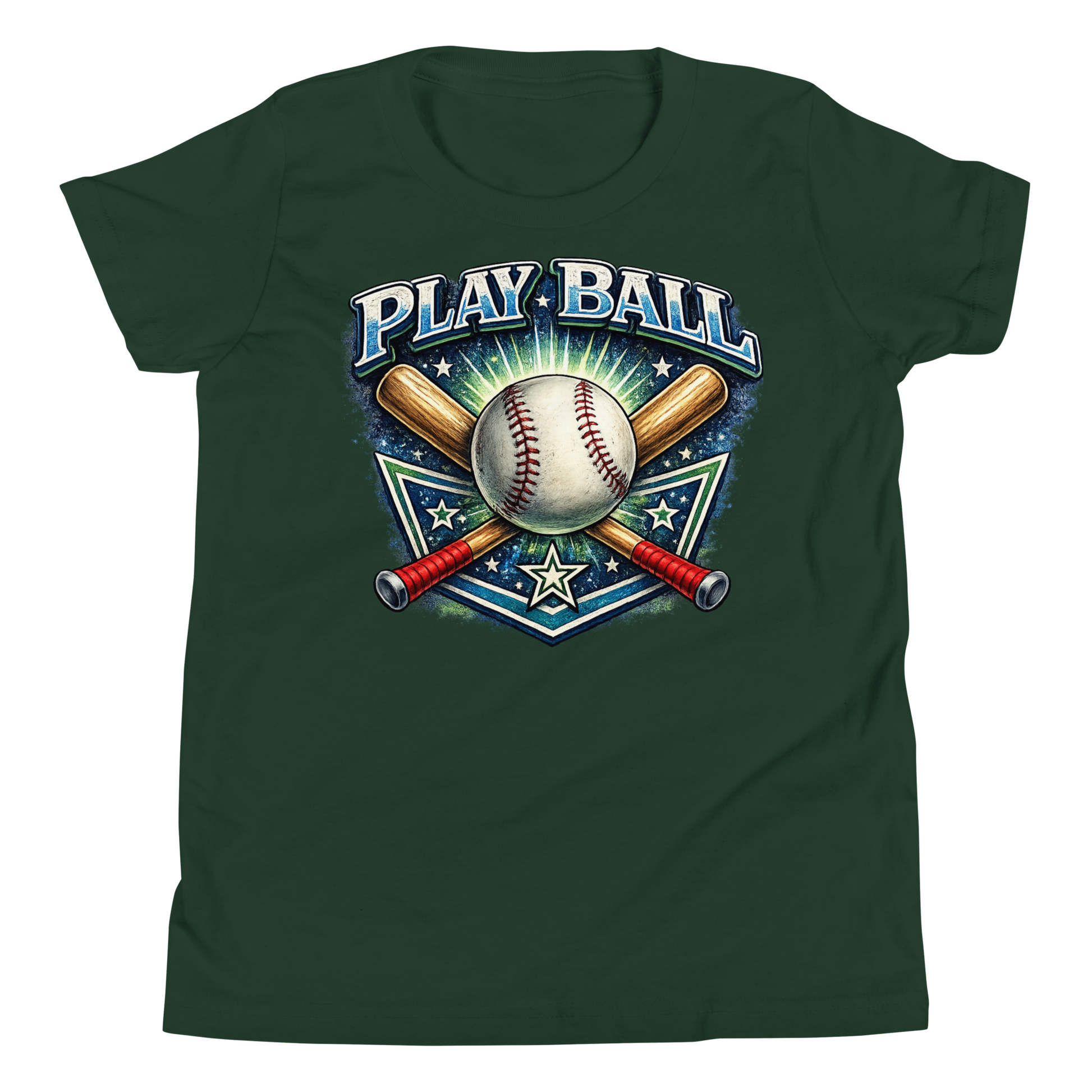 Active kid wearing relaxed fit Play Ball baseball shirt