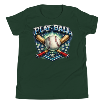 Active kid wearing relaxed fit Play Ball baseball shirt