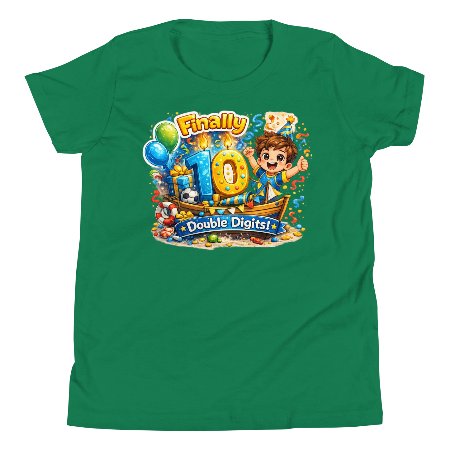 Happy kid wearing Finally 10 Double Digits birthday shirt