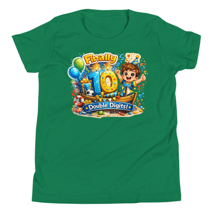 Happy kid wearing Finally 10 Double Digits birthday shirt