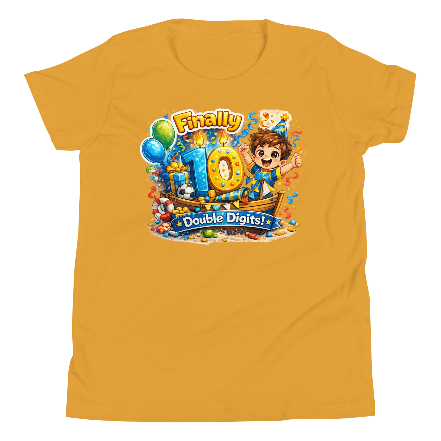 Fun 10th birthday celebration graphic on youth cotton tee