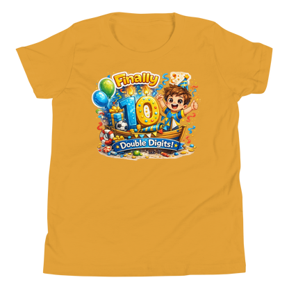 Fun 10th birthday celebration graphic on youth cotton tee
