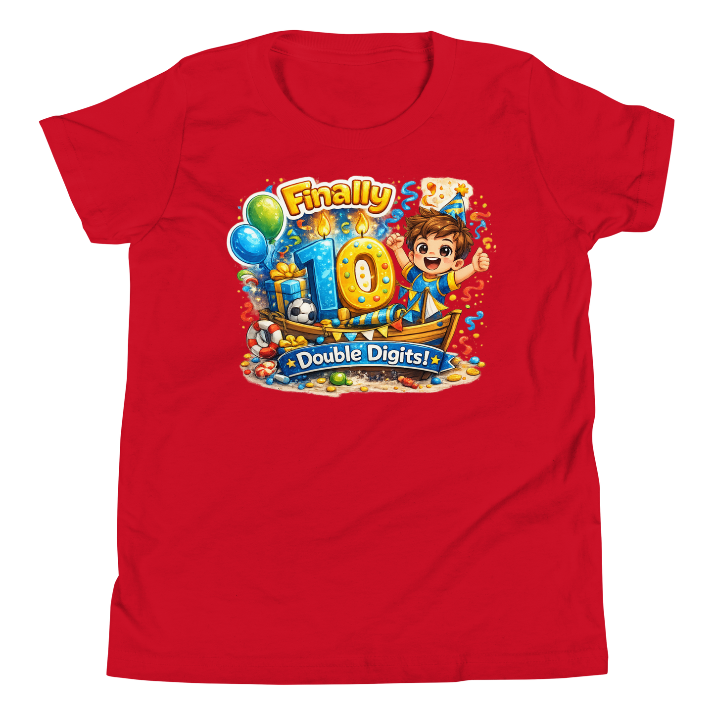 Close up of vibrant turning 10 graphic on kids tee