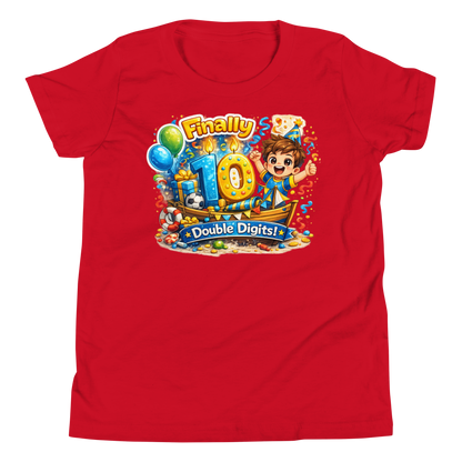 Close up of vibrant turning 10 graphic on kids tee