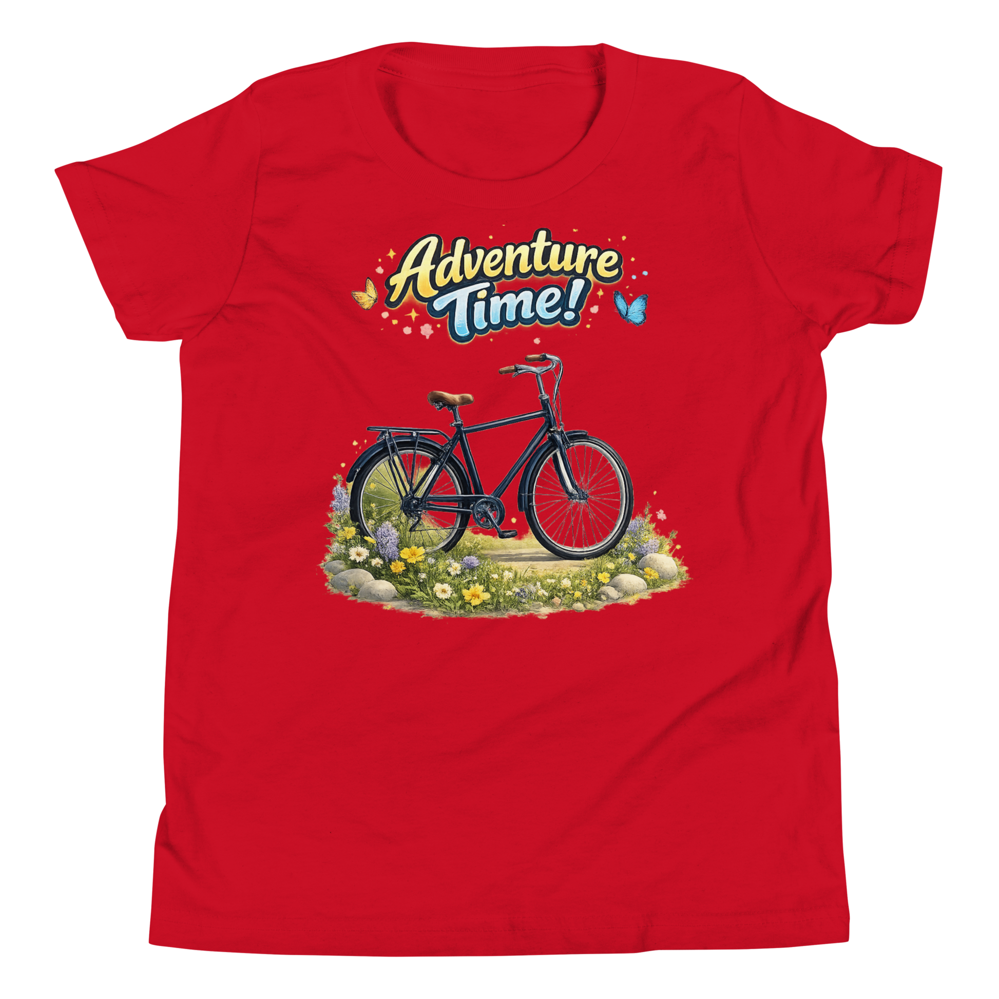 Close up of vibrant explorer graphic on kids bike shirt